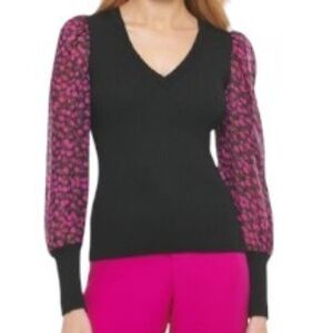 DKNY Mixed Media Long Sleeve Sweater Black/Pink Large NWT